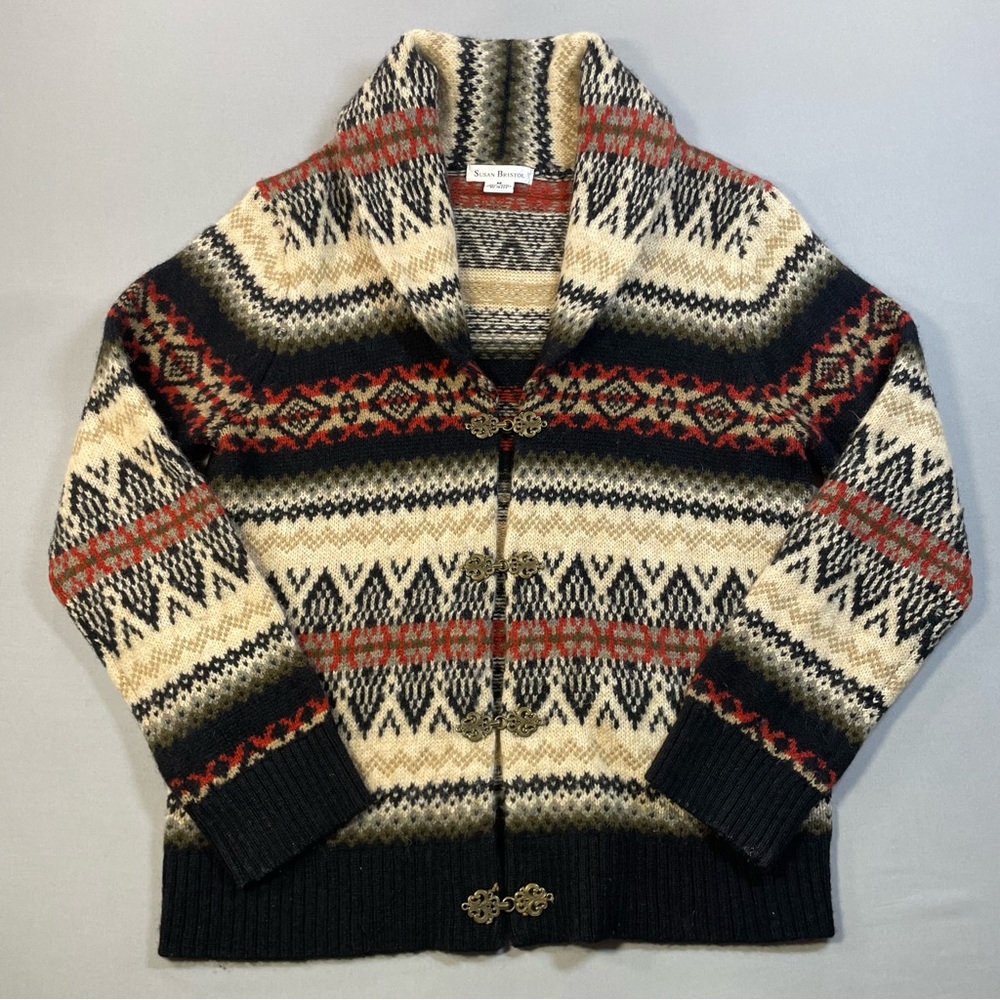 Susan Bristol Shawl Collar Wool Cardigan Sweater, Metal Clasps - Womens Medium